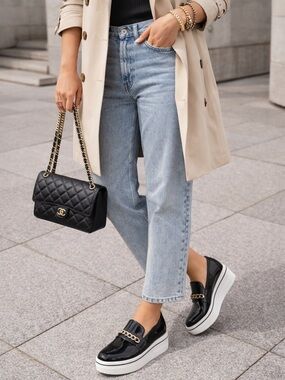 Stella McCartney Black Patent Platform Loafers Gold Chain EU 38 Vegan Luxury